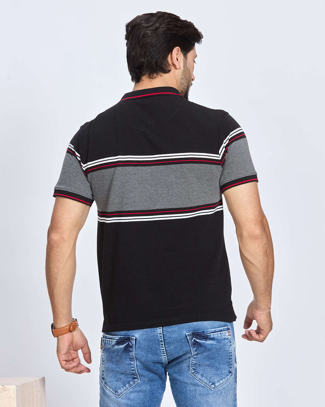 Black & Grey Striped Polo T-Shirt