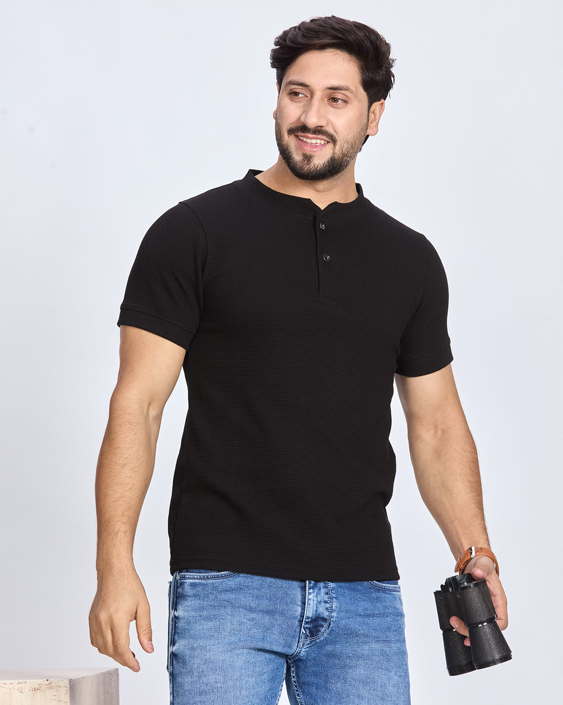 Black Henley Neck T-Shirt