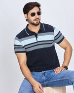 Navy Blue Striped Polo Neck T-shirt