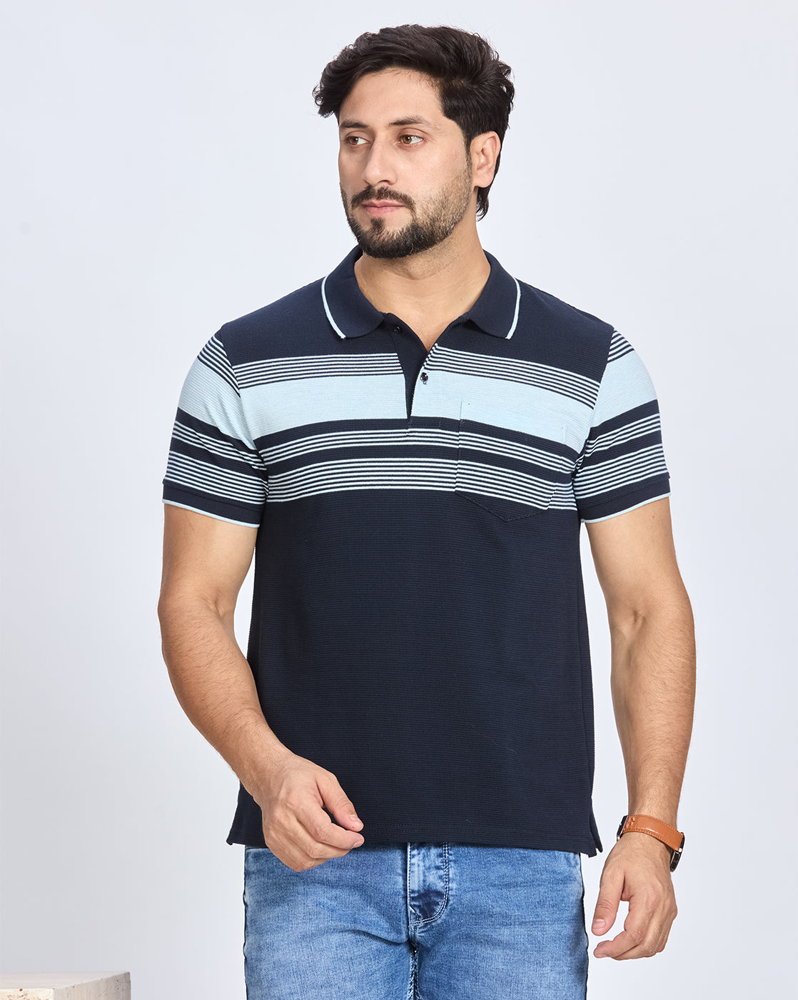 Navy Blue Striped Polo Neck T-shirt