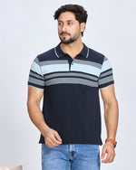Navy Blue Striped Polo Neck T-shirt