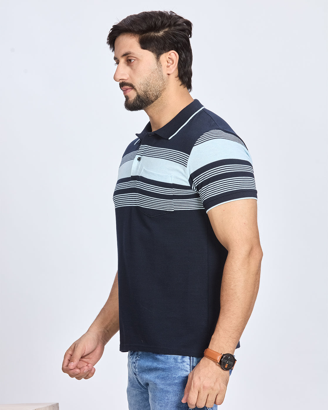 Navy Blue Striped Polo Neck T-shirt
