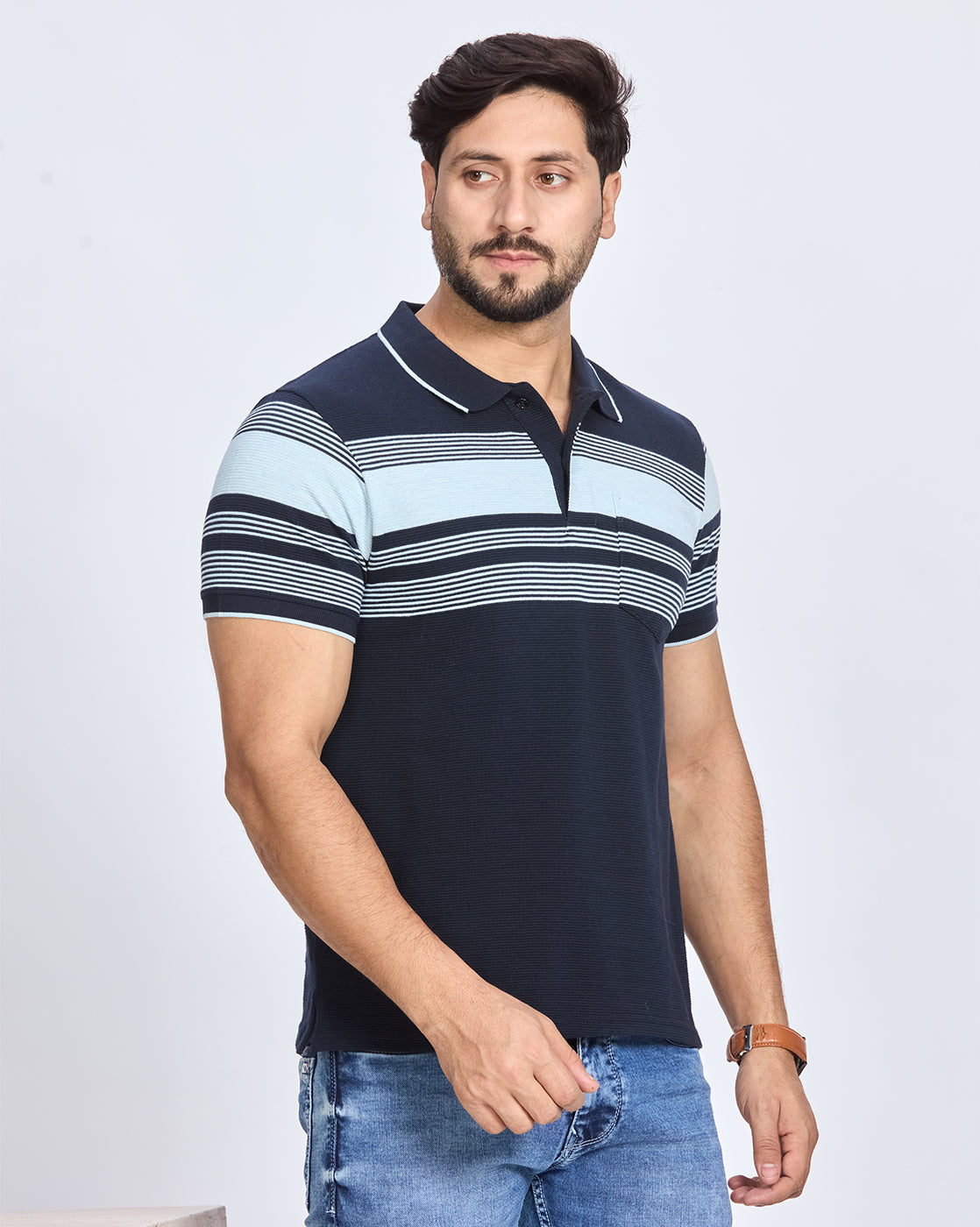 Navy Blue Striped Polo Neck T-shirt