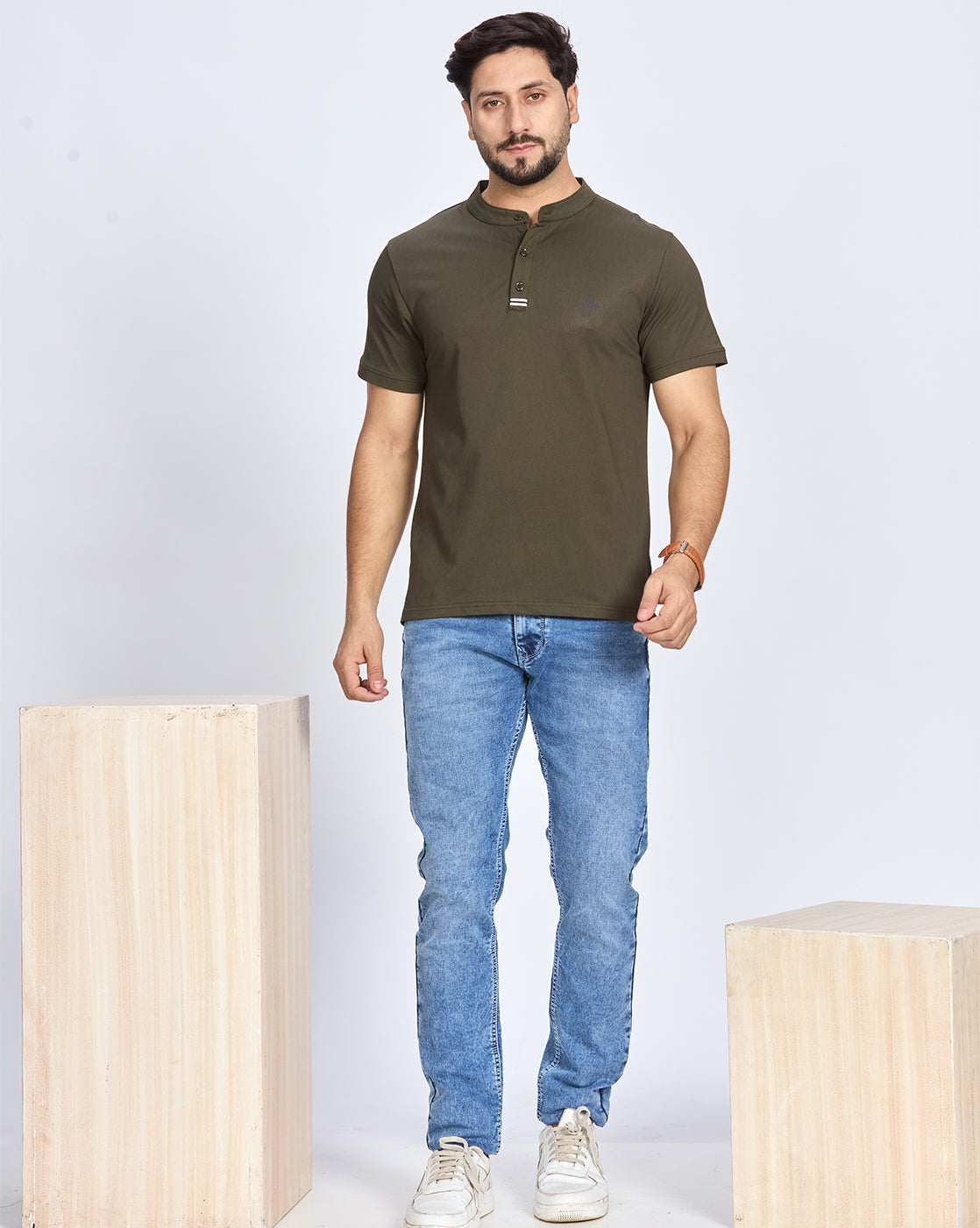 Olive Henley Neck T-Shirt
