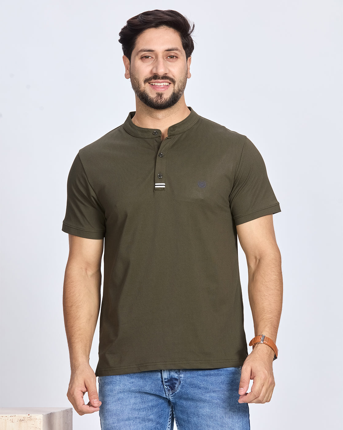 Olive Henley Neck T-Shirt