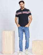 Navy Blue Striped Polo Neck T-Shirt