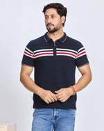Navy Blue Striped Polo Neck T-Shirt