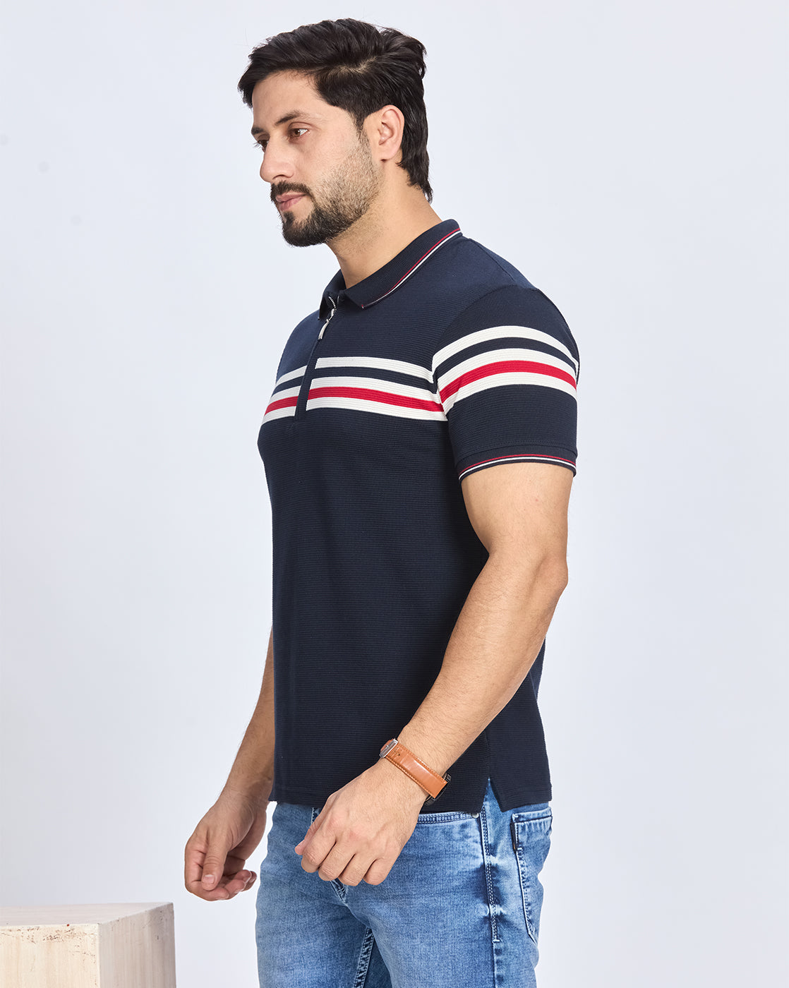 Navy Blue Striped Polo Neck T-Shirt