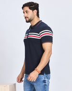 Navy Blue Striped Polo Neck T-Shirt
