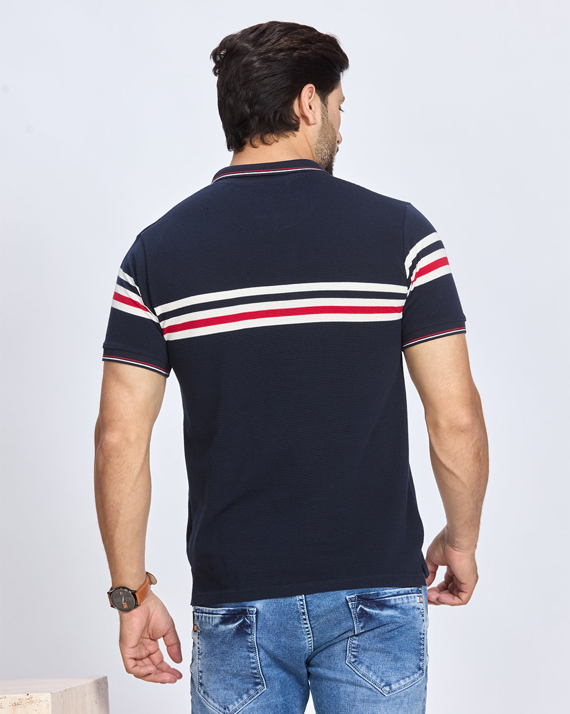 Navy Blue Striped Polo Neck T-Shirt