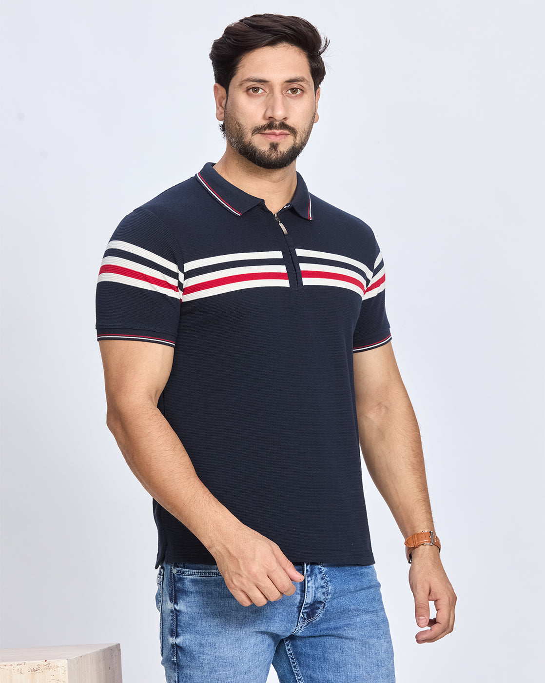 Navy Blue Striped Polo Neck T-Shirt
