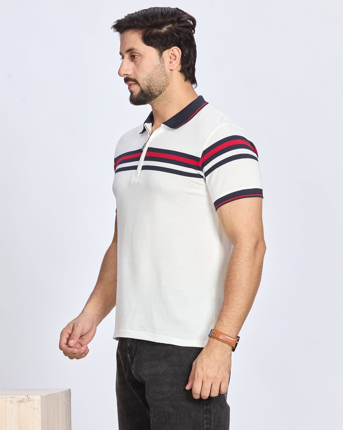 White Striped Polo Neck T-Shirt