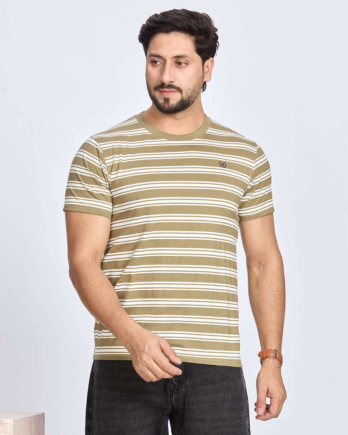 Olive Striped Round Neck T-Shirt