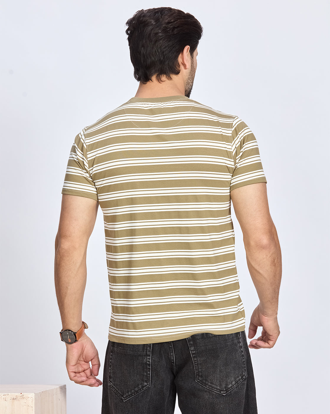 Olive Striped Round Neck T-Shirt