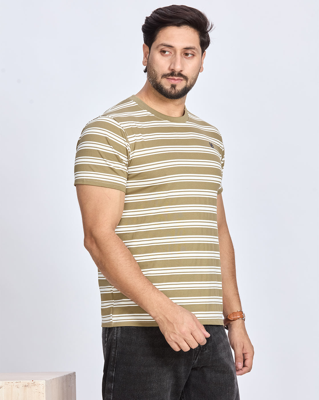 Olive Striped Round Neck T-Shirt