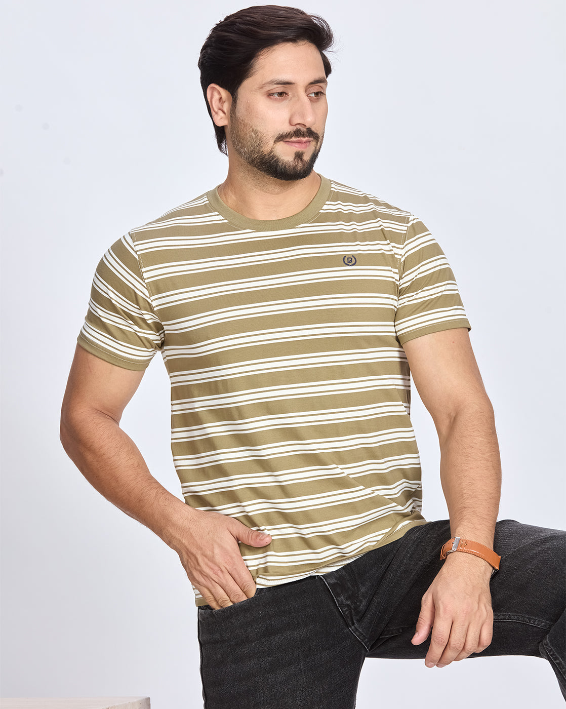 Olive Striped Round Neck T-Shirt