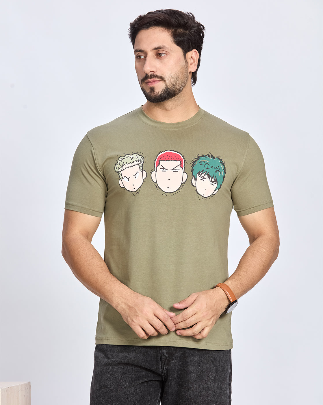 Olive Printed Round Neck Cotton T-Shirt