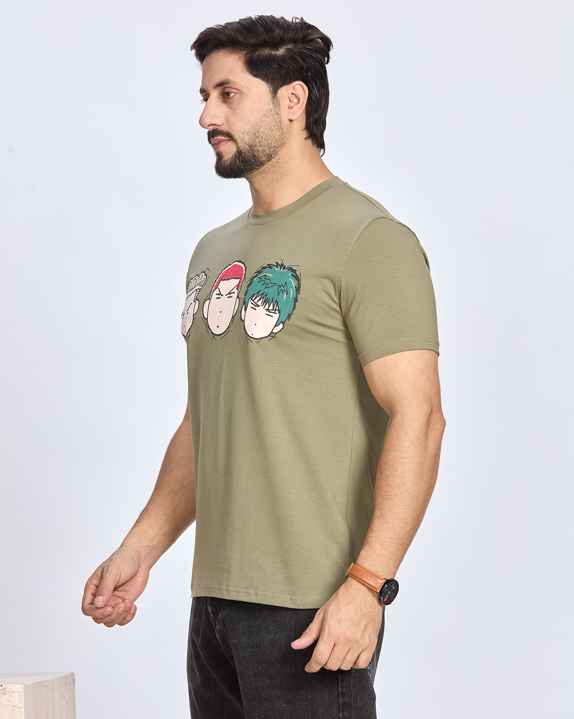 Olive Printed Round Neck Cotton T-Shirt