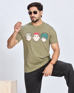 Olive Printed Round Neck Cotton T-Shirt