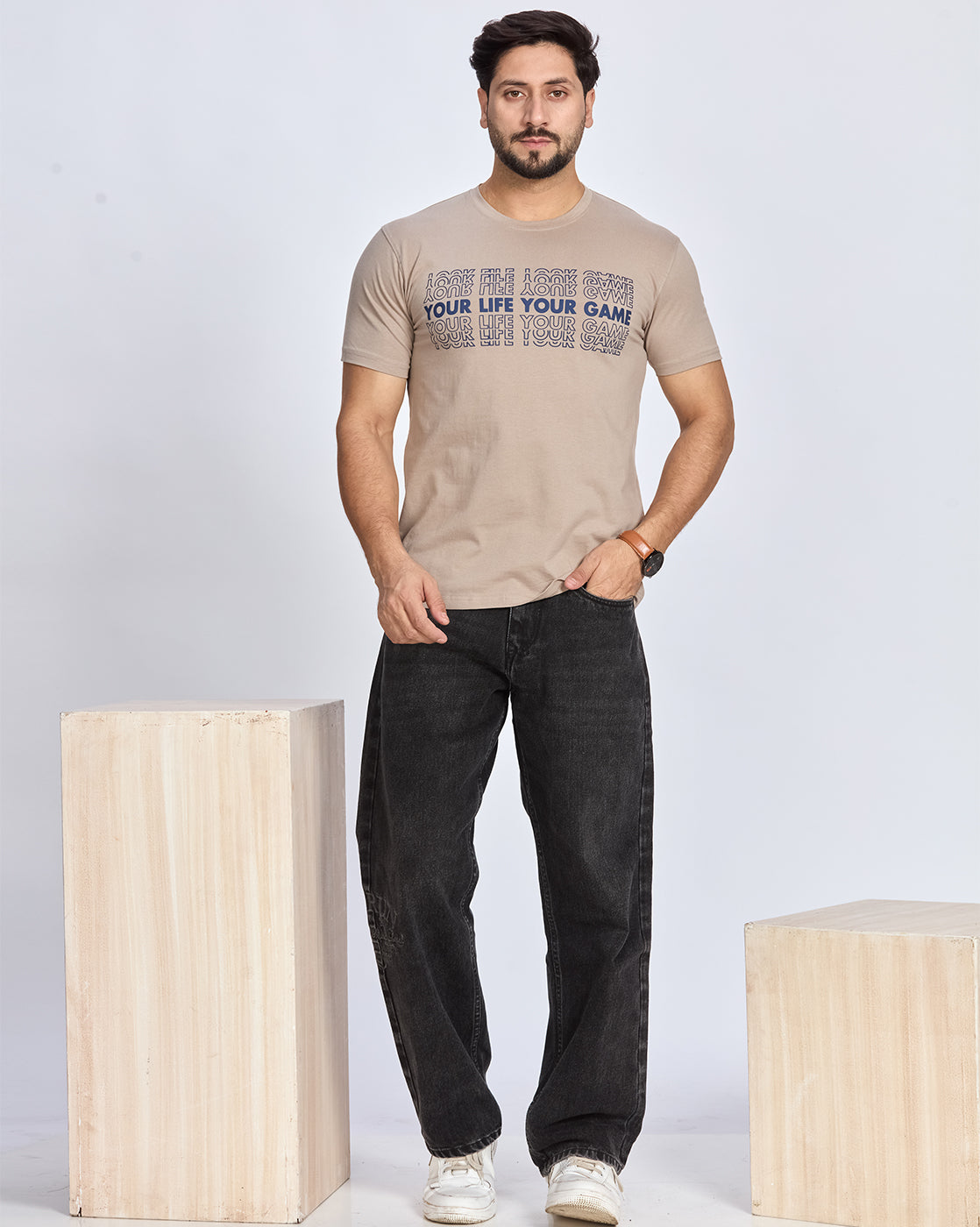 Beige Round Neck Cotton T-Shirt