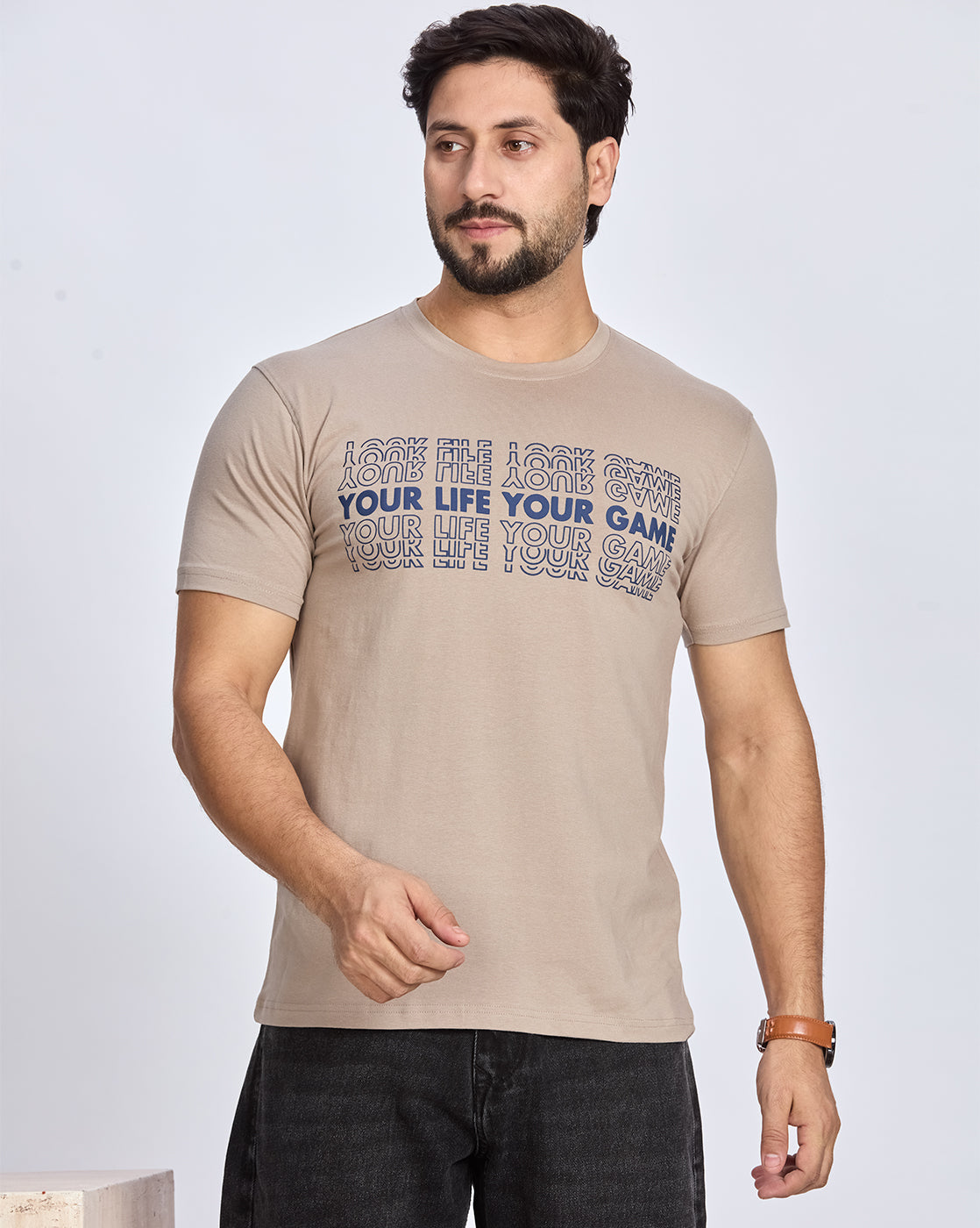 Beige Round Neck Cotton T-Shirt