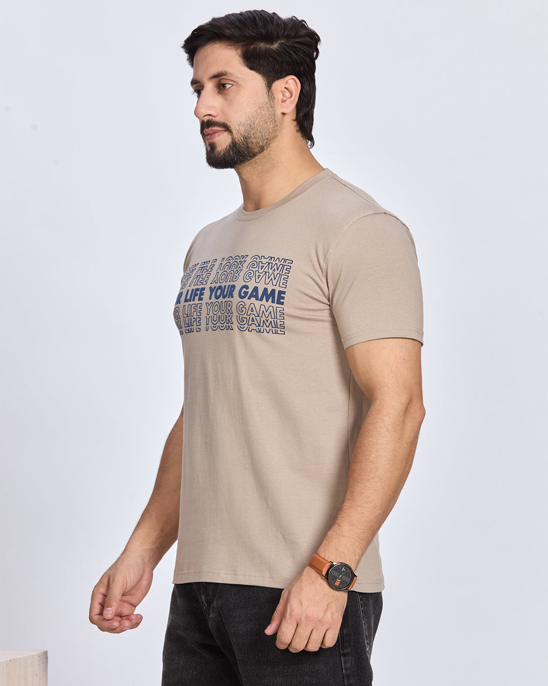 Beige Round Neck Cotton T-Shirt