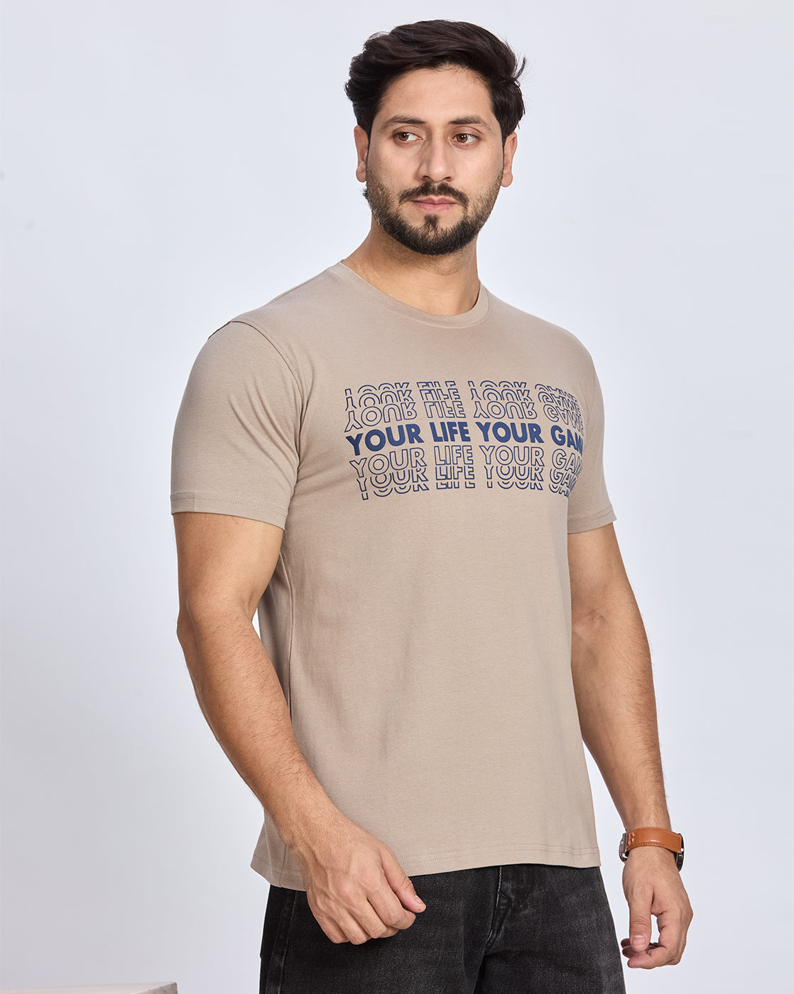 Beige Round Neck Cotton T-Shirt