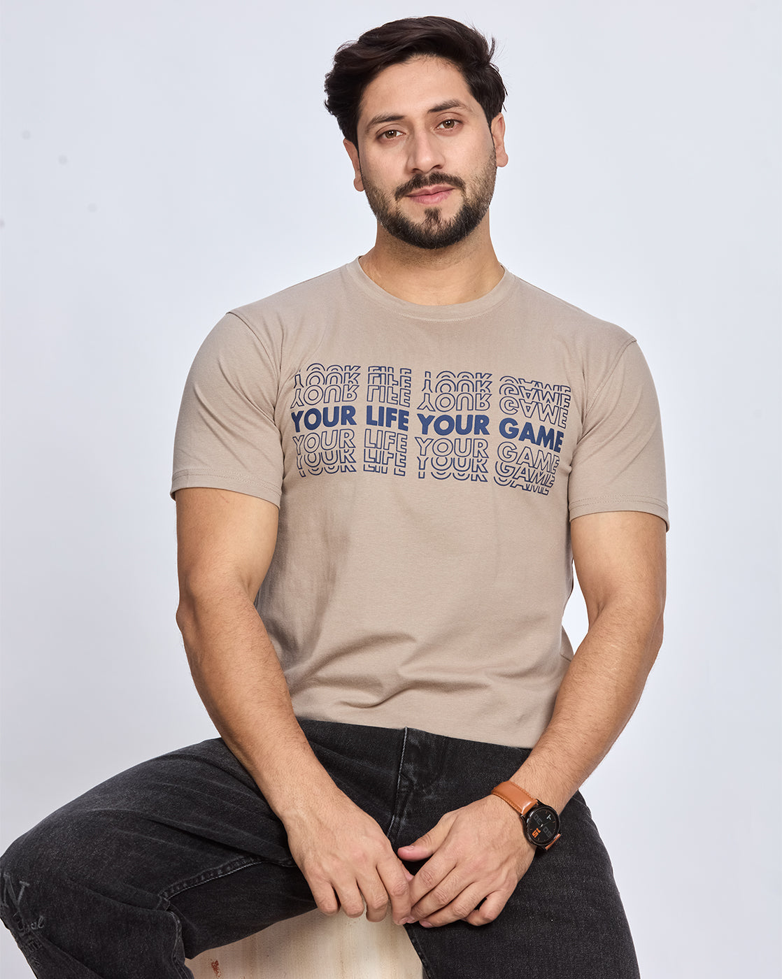 Beige Round Neck Cotton T-Shirt