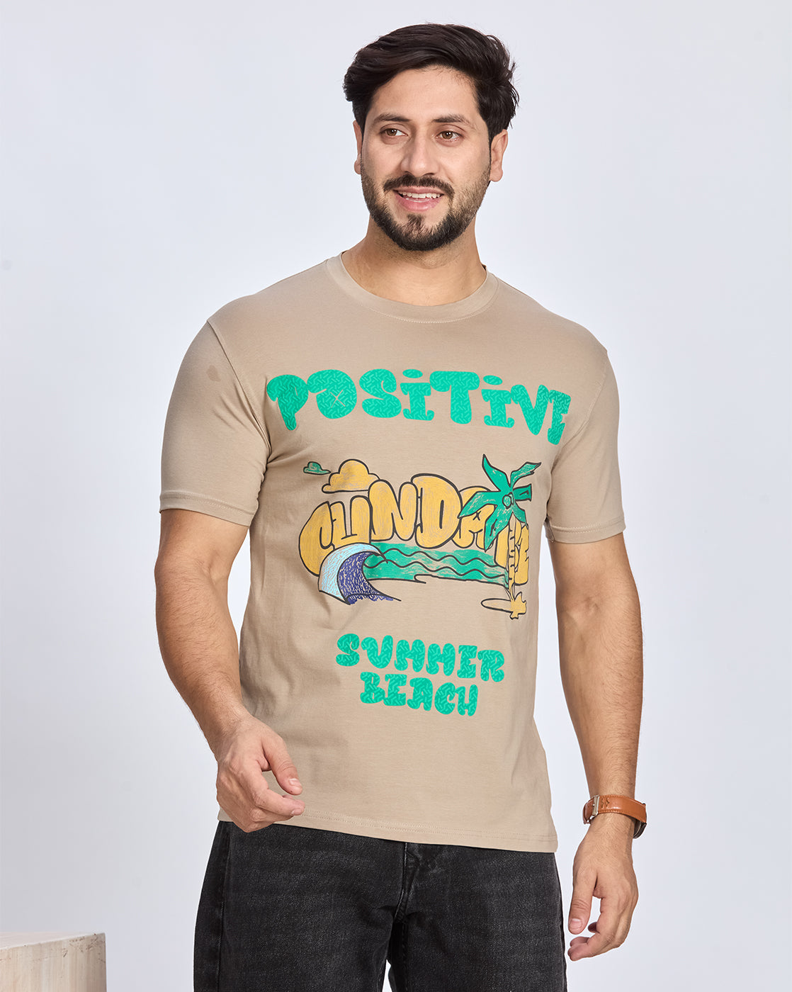 Khaki Graphic Printed Round Neck T-Shirt