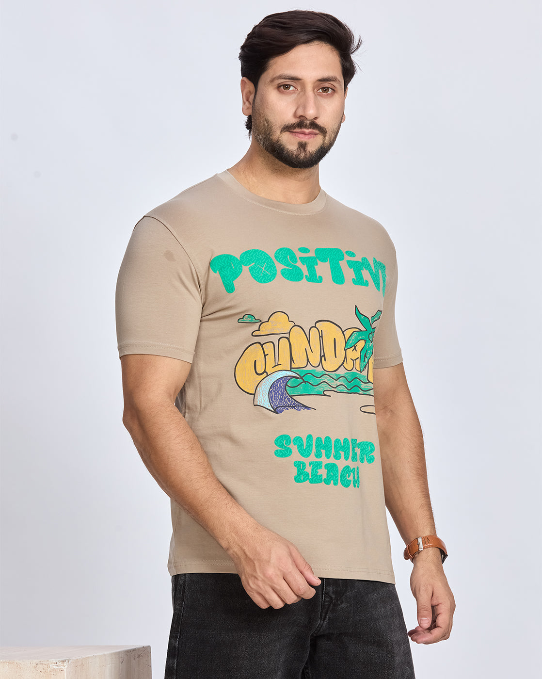 Khaki Graphic Printed Round Neck T-Shirt