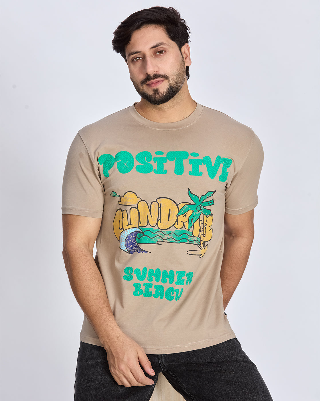Khaki Graphic Printed Round Neck T-Shirt