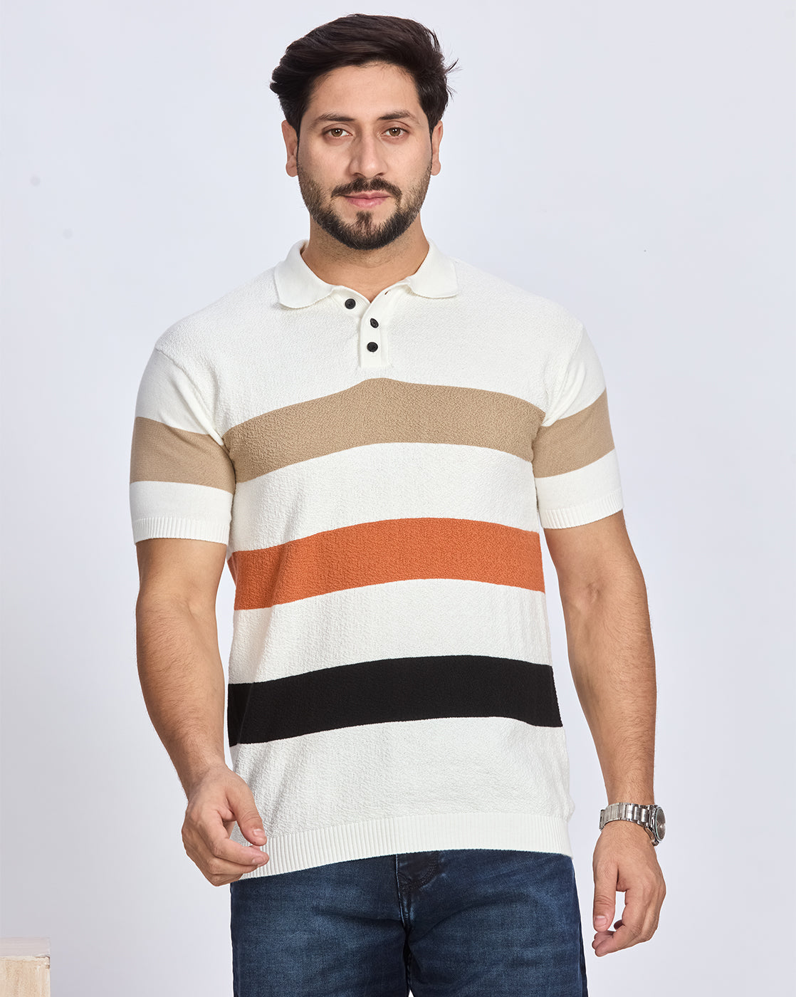 White & Multicolor Striped Polo T-Shirt