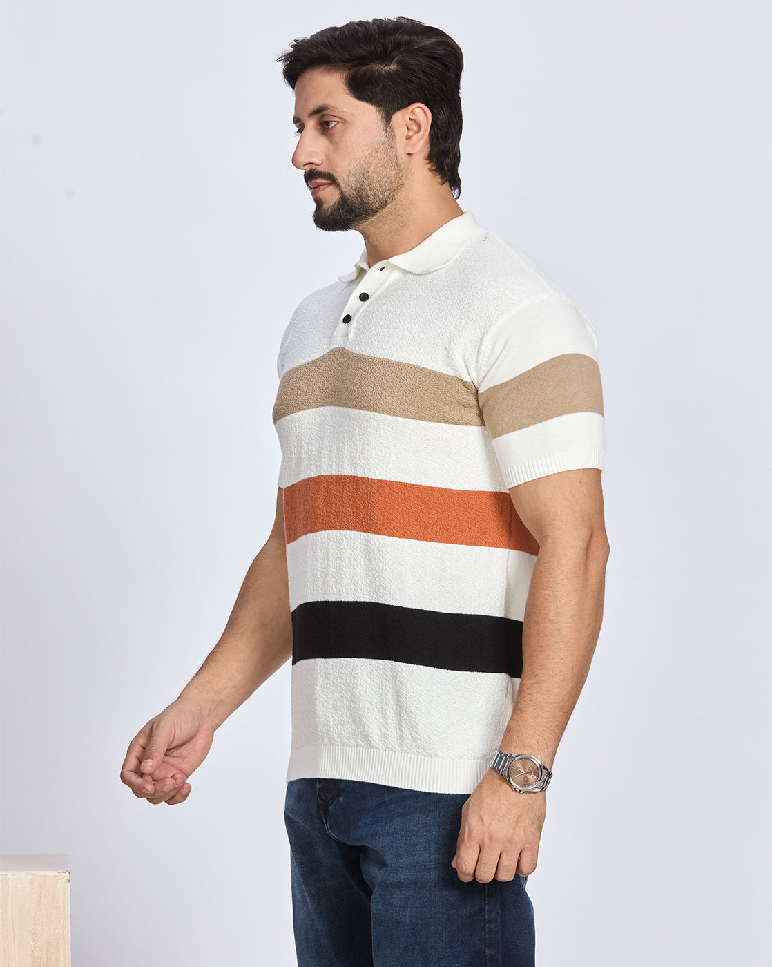 White & Multicolor Striped Polo T-Shirt