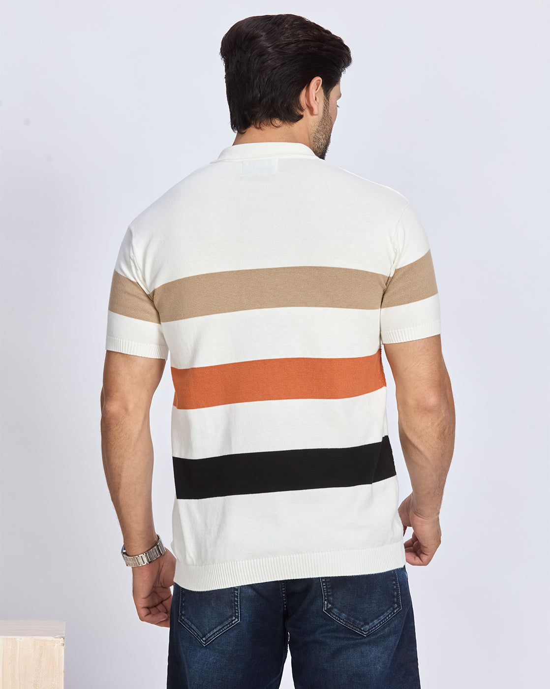 White & Multicolor Striped Polo T-Shirt