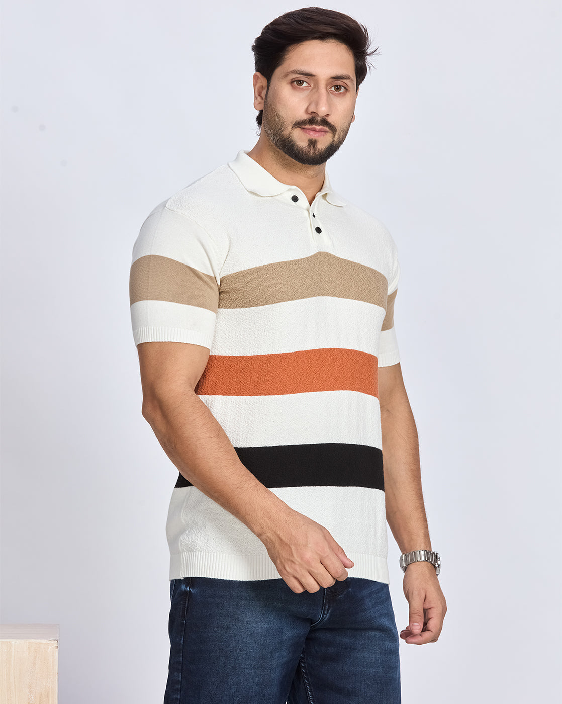 White & Multicolor Striped Polo T-Shirt