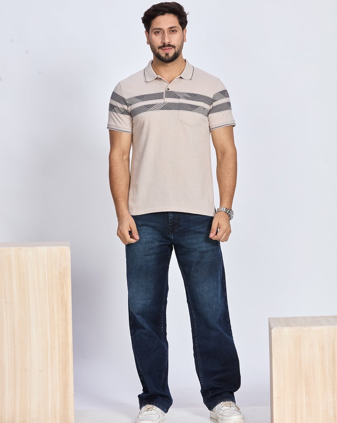 Beige Striped Polo Neck T-Shirt