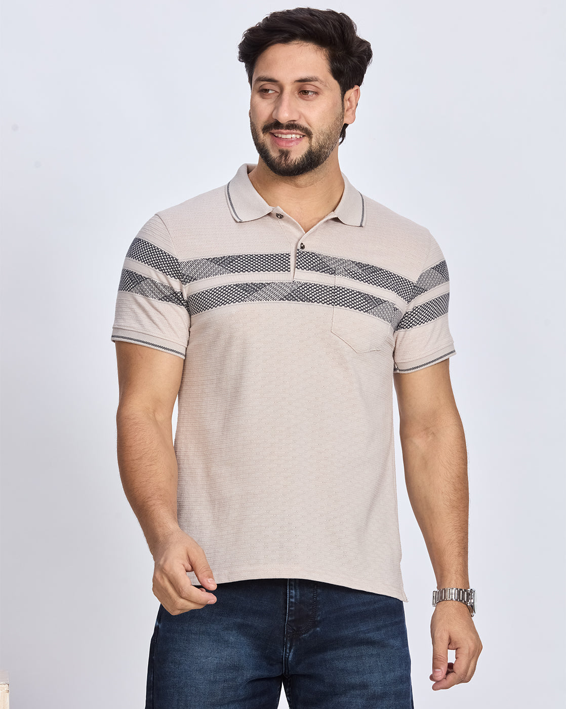 Beige Striped Polo Neck T-Shirt