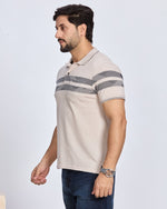Beige Striped Polo Neck T-Shirt