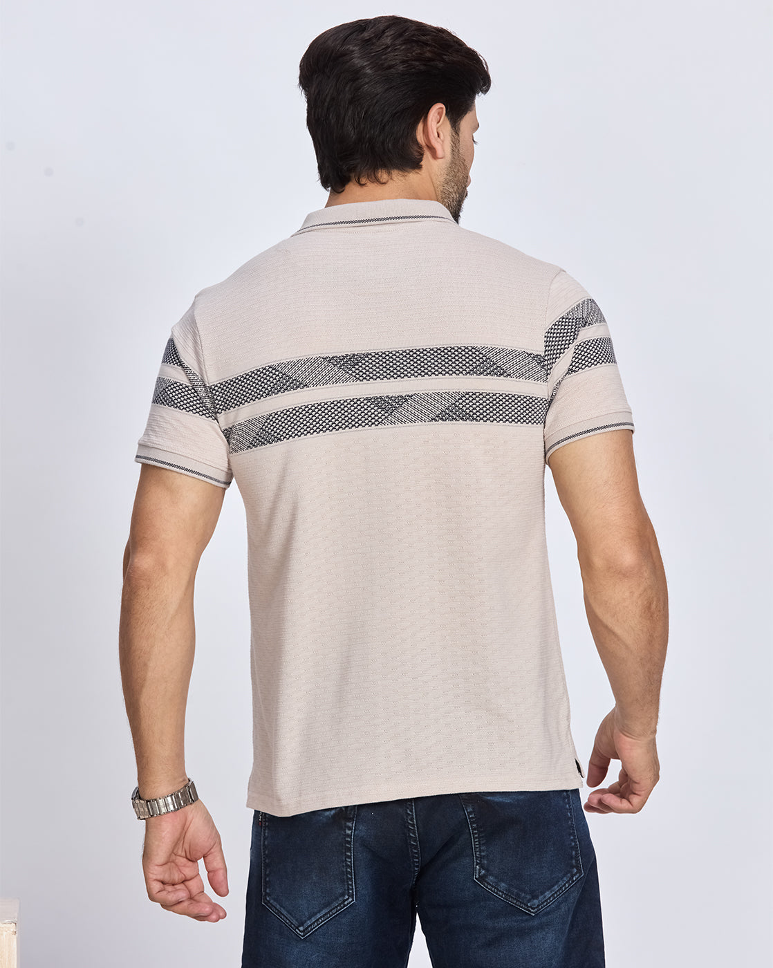 Beige Striped Polo Neck T-Shirt
