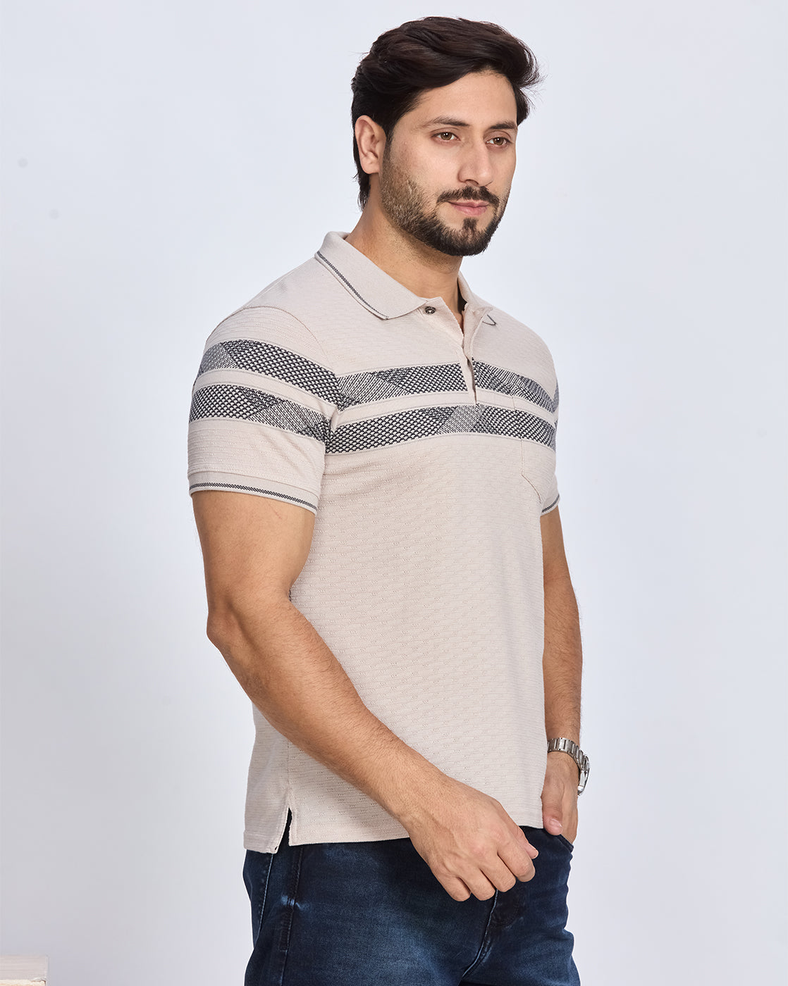 Beige Striped Polo Neck T-Shirt