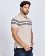 Beige Striped Polo Neck T-Shirt