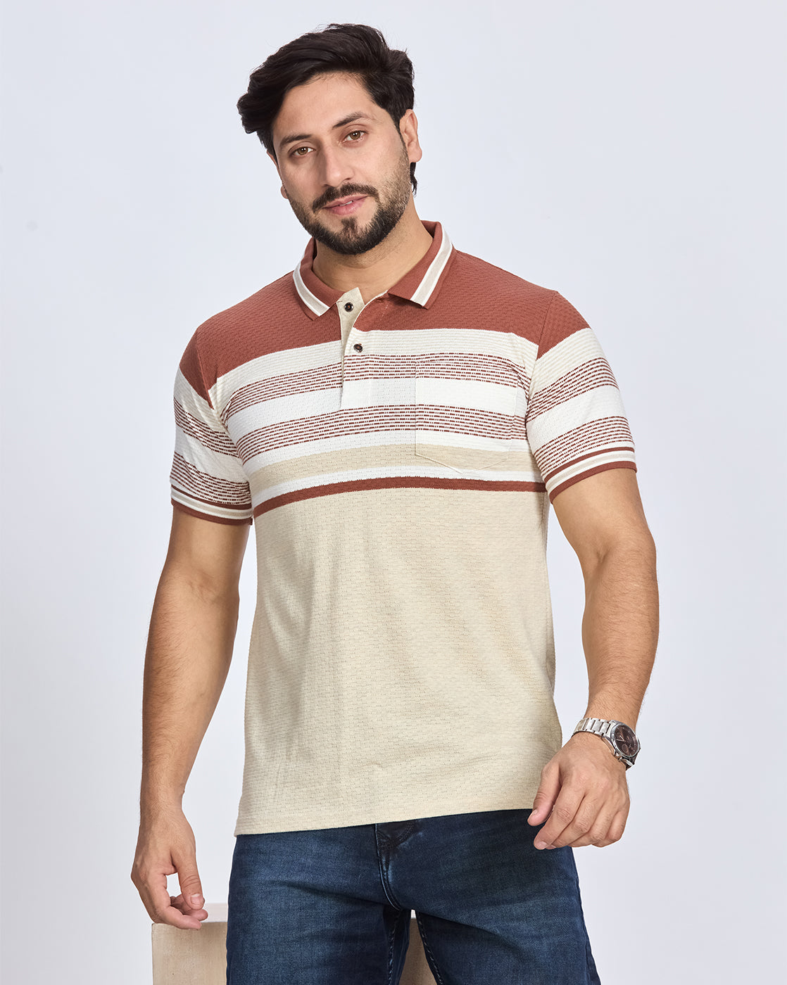 Beige & Rust Striped Polo T-Shirt