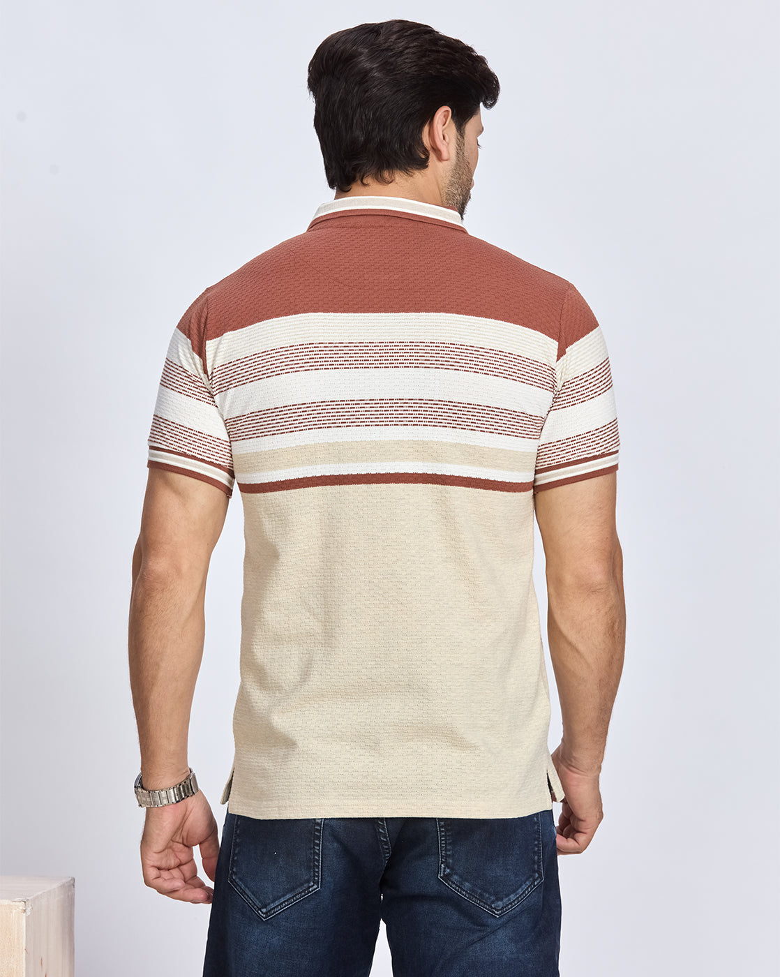 Beige & Rust Striped Polo T-Shirt