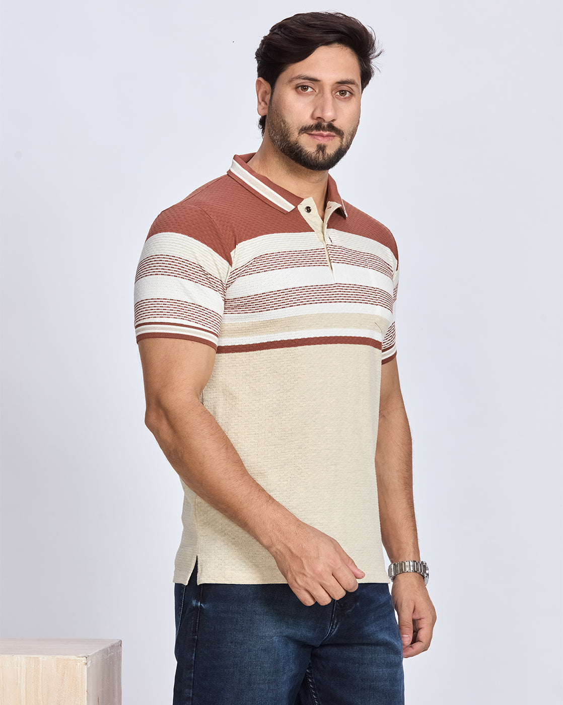 Beige & Rust Striped Polo T-Shirt