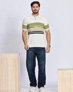 White & Olive Green Striped Polo T-Shirt