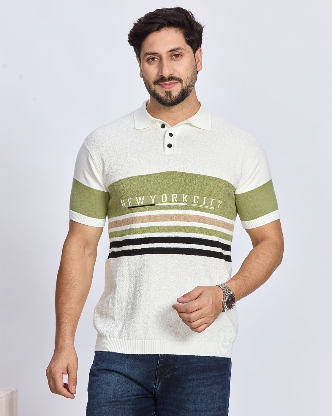 White & Olive Green Striped Polo T-Shirt
