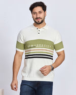 White & Olive Green Striped Polo T-Shirt