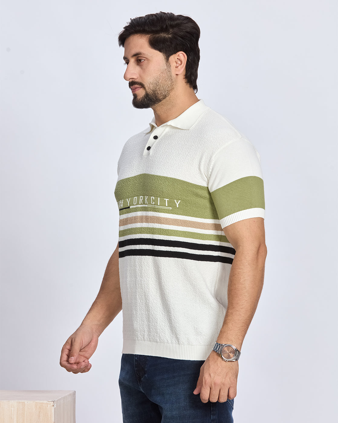 White & Olive Green Striped Polo T-Shirt