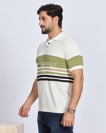 White & Olive Green Striped Polo T-Shirt