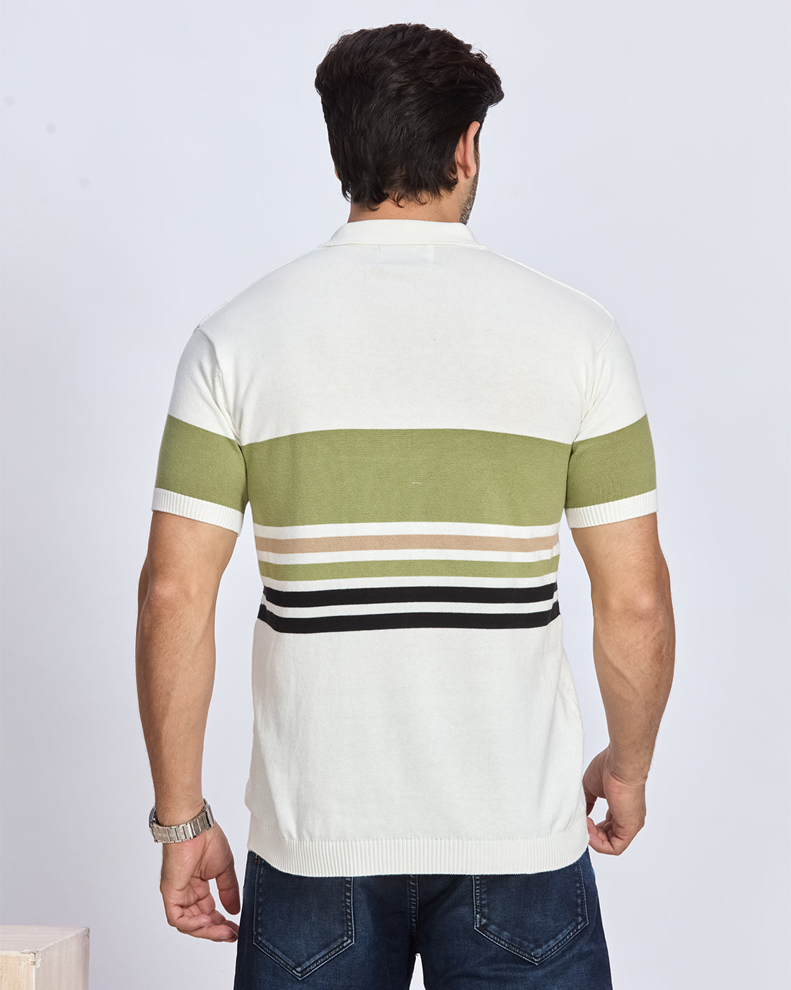 White & Olive Green Striped Polo T-Shirt